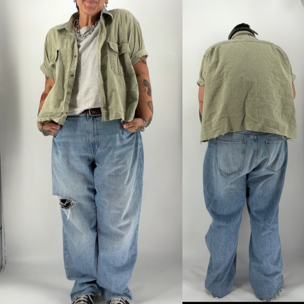 Croft & Barrow Mens XXL Short Sleeve Button Down Cropped Raw Hem Shirt Olive
